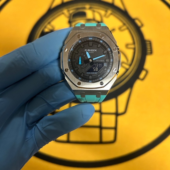 Casio G-Shock GA-2100 “CasiOak” – Silver Custom Bezel, Turquoise Strap, Analog-D - Picture 10 of 11